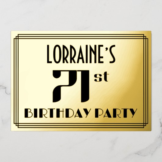 71ste verjaardag: Art Deco Kijk "71" en naam Folie Uitnodiging (Voorkant)