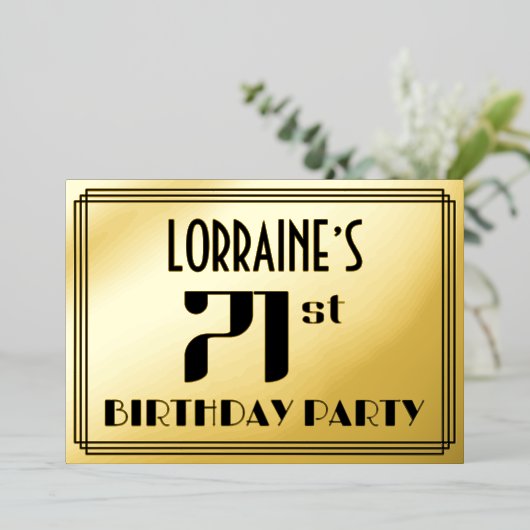 71ste verjaardag: Art Deco Kijk "71" en naam Folie Uitnodiging (Staand Voorkant)
