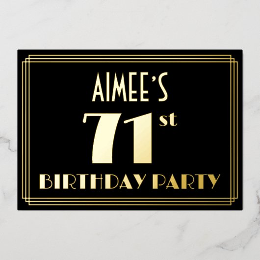 71ste verjaardag: Art Deco Kijk "71", met naam Folie Uitnodiging (Voorkant)