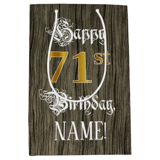 71ste verjaardag: Faux Gold look & Faux Wood Patte Medium Cadeauzakje (Voorkant)