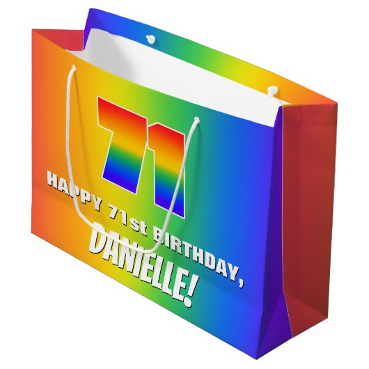 71ste verjaardag: kleurrijk, vun regenboogpatroon  groot cadeauzakje (Voorkant Gekanteld)