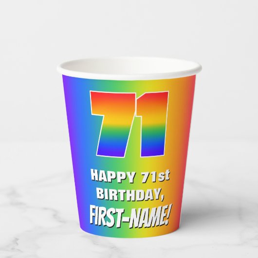 71ste verjaardag: kleurrijk, vun regenboogpatroon  papieren bekers (Achterkant)