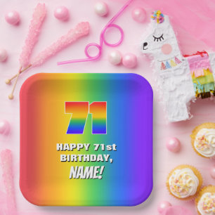 71ste verjaardag: kleurrijk, vun regenboogpatroon  papieren bordje