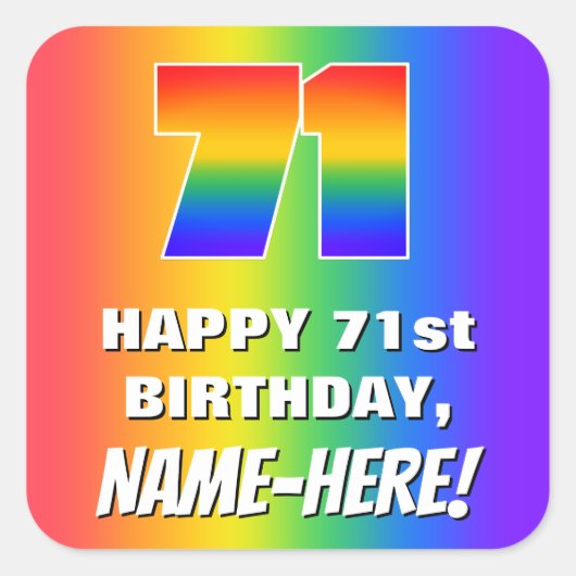 71ste verjaardag: kleurrijk, vun regenboogpatroon  vierkante sticker (Voorkant)