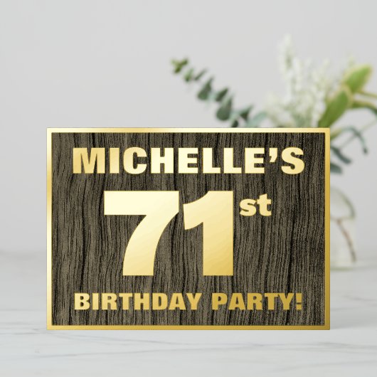 71ste verjaardag: Vet, Faux-houten graan Pattern Folie Uitnodiging (Staand Voorkant)