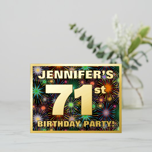 71ste verjaardag: Vette, kleurrijke Fireworks-look Folie Uitnodiging Briefkaart (Staand Voorkant)