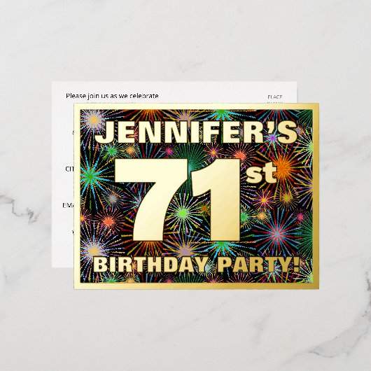 71ste verjaardag: Vette, kleurrijke Fireworks-look Folie Uitnodiging Briefkaart (Voorkant / Achterkant)