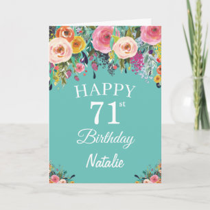 71ste verjaardag waterverf bloem bloemen turquoise kaart