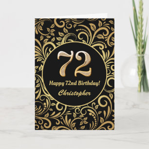 72e Birthday Black en Gold Floral Pattern Kaart