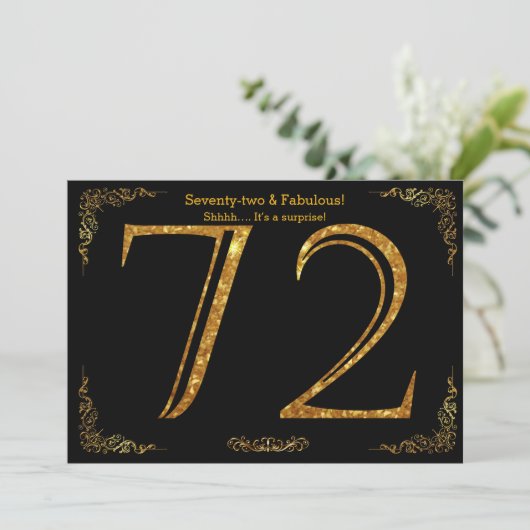 72e Birthday party, Gatsby styl, zwarte goudglitte Kaart (Staand voorkant)