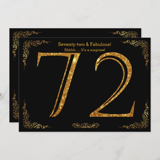 72e Birthday party, Gatsby styl, zwarte goudglitte Kaart (Voorkant / Achterkant)