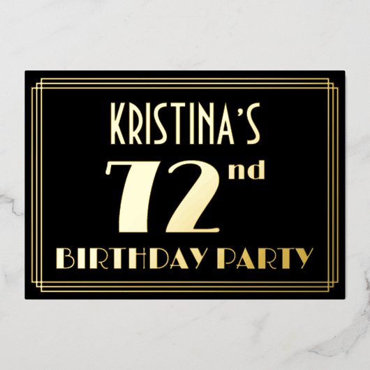 72e verjaardag: Art Deco Kijk "72", met naam Folie Uitnodiging (Voorkant)