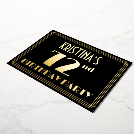 72e verjaardag: Art Deco Kijk "72", met naam Folie Uitnodiging (Gedraaid)