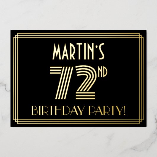 72e verjaardag — Art Deco Style "72" + Naam Folie Uitnodiging (Voorkant)
