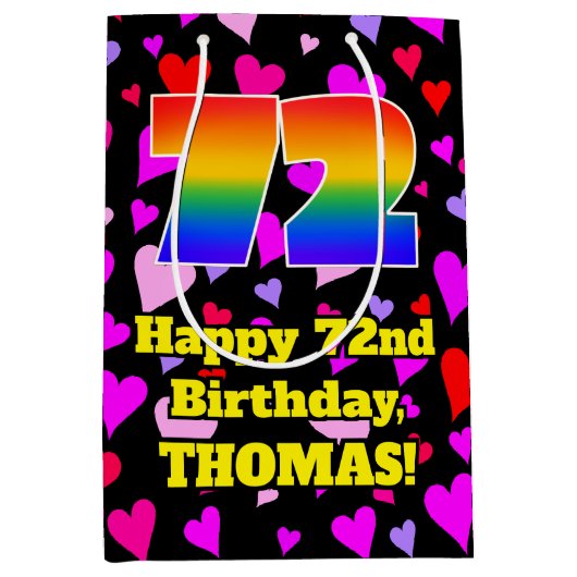 72e verjaardag: Beeldende hartenpatronen, Regenboo Medium Cadeauzakje (Voorkant)