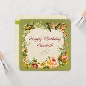 72e verjaardag bloemen & vogels antieke kaart (Voorkant / Achterkant in situ)