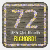 72e verjaardag: Bloemgetal, Faux Wood Look, Naam Vierkante Sticker (Voorkant)