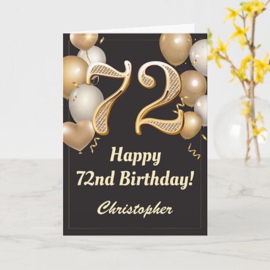 72e verjaardag Confetti zwarte en gouden ballonnen Kaart (Gele Bloem)