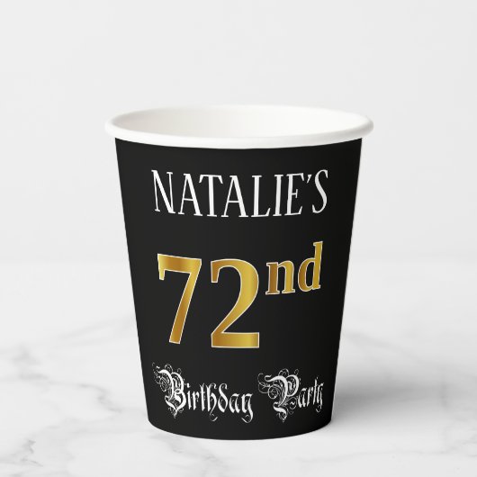 72e verjaardag — Fancy script, Faux Gold look Papieren Bekers (Achterkant)