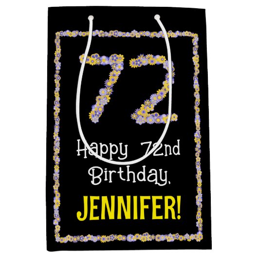 72e verjaardag: Floral Flowers Number, Custom Name Medium Cadeauzakje (Voorkant)