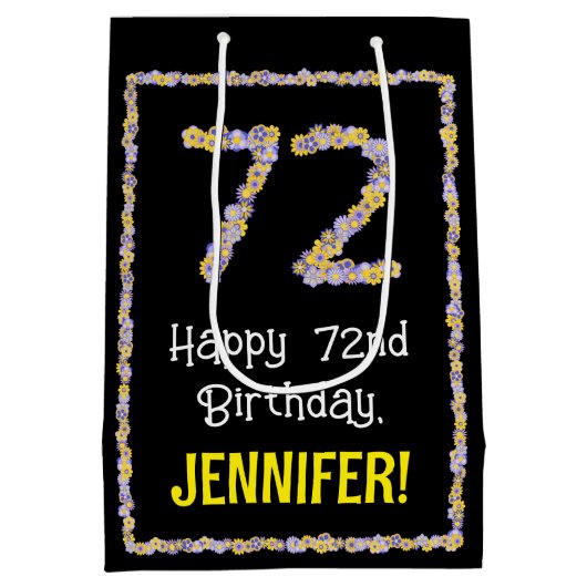 72e verjaardag: Floral Flowers Number, Custom Name Medium Cadeauzakje (Achterkant)