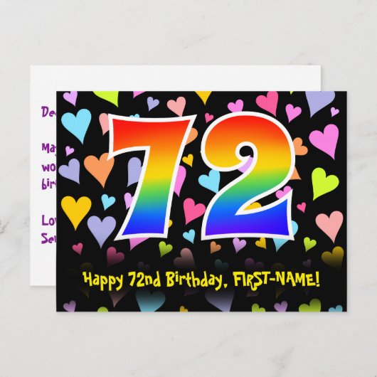 72e verjaardag: Fun Hearts-patroon, Regenboog 72 Briefkaart (Voorkant / Achterkant)