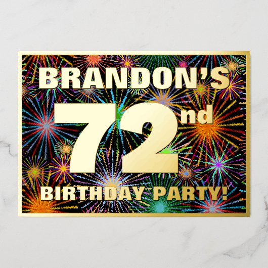 72e verjaardag: Fun, kleurrijke Fireworks look Folie Uitnodiging (Voorkant)