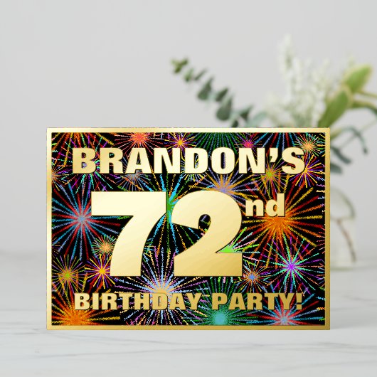72e verjaardag: Fun, kleurrijke Fireworks look Folie Uitnodiging (Staand Voorkant)