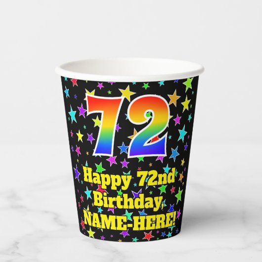 72e verjaardag: Fun Stars Pattern en Rainbow 72 Papieren Bekers (Voorkant)