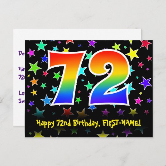 72e verjaardag: Fun Stars Pattern, Rainbow 72, naa Briefkaart (Voorkant / Achterkant)