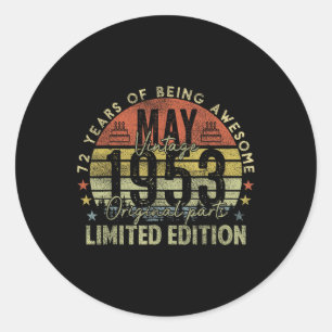 72e verjaardag geschenken Vintage mei 1953 72 jaar Ronde Sticker