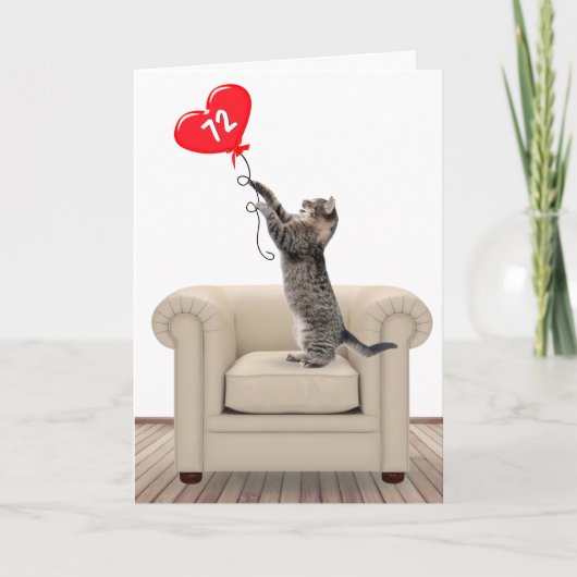 72e verjaardag Kat met hartballonkaart Kaart (Voorkant)