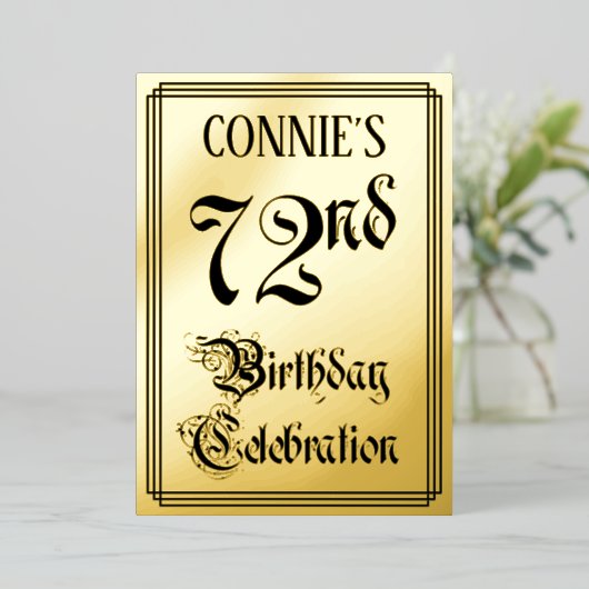 72e verjaardag Partij — Elegant Manuscript + de Na Folie Uitnodiging (Staand Voorkant)