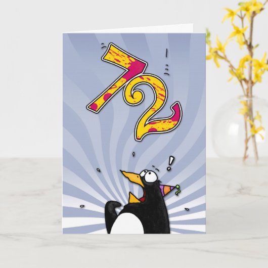 72e verjaardag - Penguin Surprise Kaart (Gele Bloem)