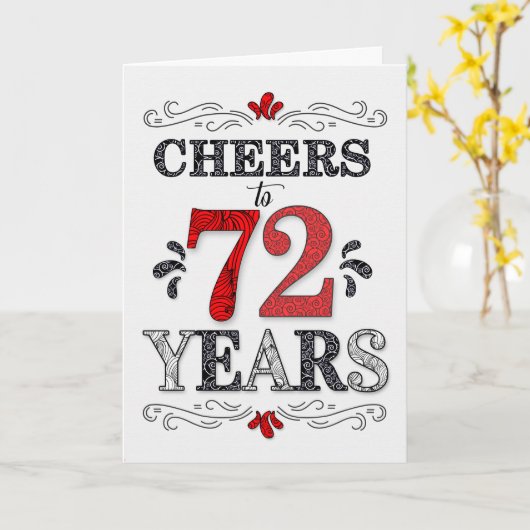 72e verjaardag Proost in rood wit zwart patroon Kaart (Gele Bloem)