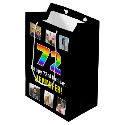 72e verjaardag: Regenboog "72", aangepaste foto's  Medium Cadeauzakje (Voorkant Gekanteld)