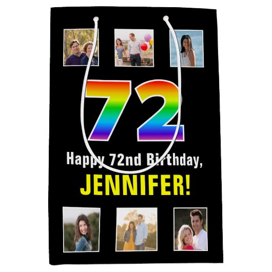 72e verjaardag: Regenboog "72", aangepaste foto's Medium Cadeauzakje (Voorkant)