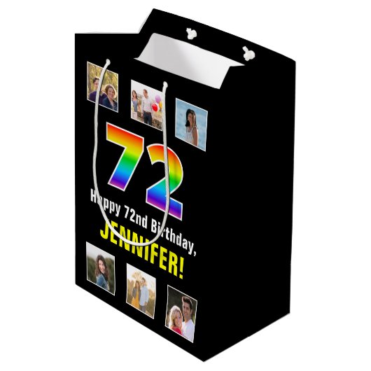72e verjaardag: Regenboog "72", aangepaste foto's Medium Cadeauzakje (Achterkant Gekanteld)
