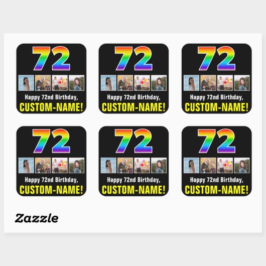 72e verjaardag: Regenboog "72"; Aangepaste foto's  Vierkante Sticker (Vel)