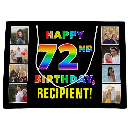72e verjaardag: regenboogtekst, aangepaste foto's  groot cadeauzakje (Voorkant)