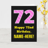 72e verjaardag: roze strepen en harten "72" + naam kaart (Gele Bloem)