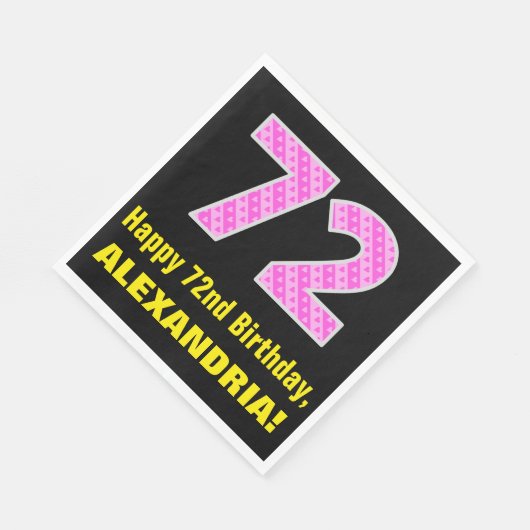 72e verjaardag: roze strepen en harten "72" + naam servet (Hoek)