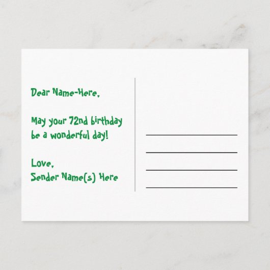 72e verjaardag: roze strepen en harten, regenboog  briefkaart (Achterkant)