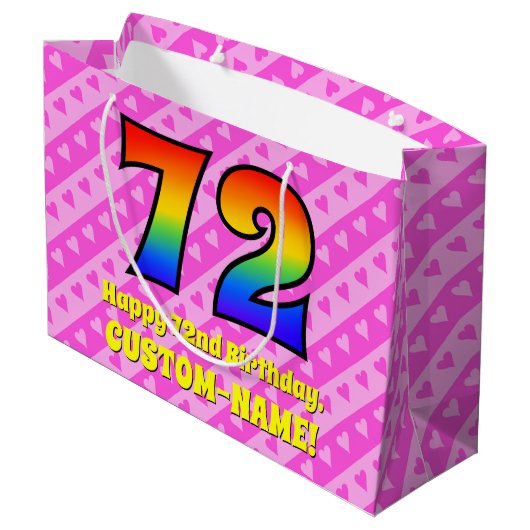 72e verjaardag: roze strepen & harten, regenboog # groot cadeauzakje (Achterkant Gekanteld)