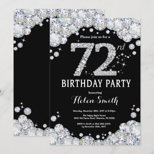 72e verjaardag uitnodiging zilveren diamant (Voorkant / Achterkant)
