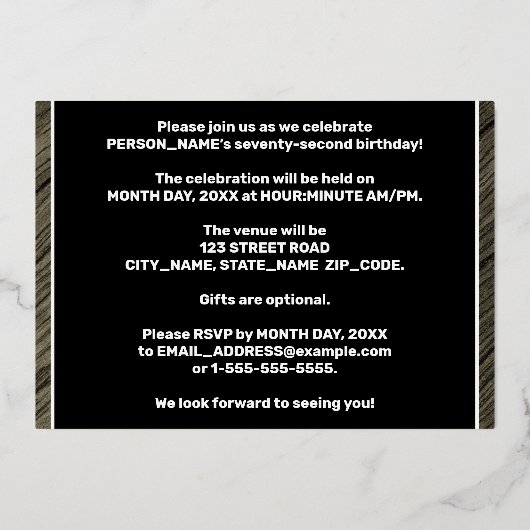 72e verjaardag van de partij van Birthday — Vette, Folie Uitnodiging (Achterkant)