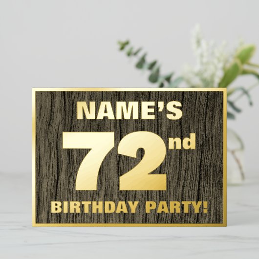 72e verjaardag: Vet, Faux Hood Grain Pattern Folie Uitnodiging (Staand Voorkant)
