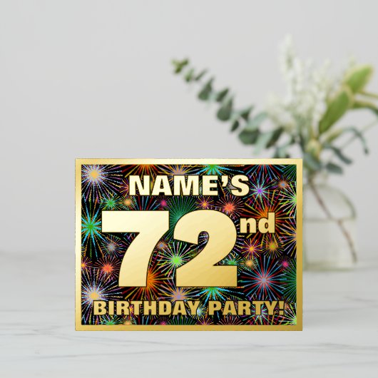 72e verjaardag: Vette, kleurrijke Fireworks-look Folie Uitnodiging Briefkaart (Staand Voorkant)