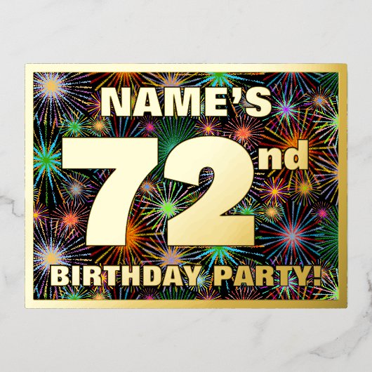 72e verjaardag: Vette, kleurrijke Fireworks-look Folie Uitnodiging Briefkaart (Voorkant)