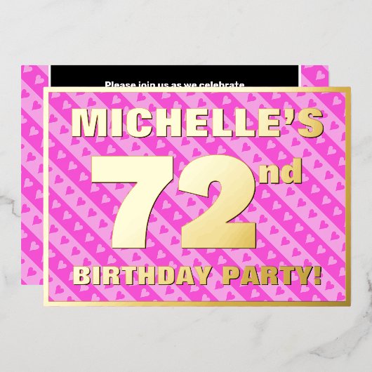 72e verjaardag - vuurroze harten en strips folie uitnodiging (Voorkant / Achterkant)